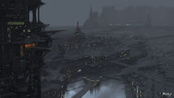  city cityscape commentary_request cyberpunk fog mozuo no_humans original photoshop_(medium) scenery science_fiction signature 