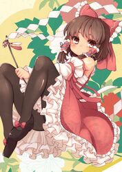  ascot bare_shoulders bell black_pantyhose blush bow brown_eyes brown_hair commentary_request detached_sleeves female flower frills gohei hair_tubes hairbow hakurei_reimu leaf mary_janes pantyhose red_bow sacha sarashi shoes short_hair solo tassel touhou 