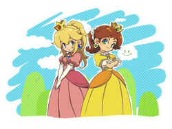  2girls aqua_eyes blonde_hair brown_hair crown dress elbow_gloves gloves oto ponytail princess_daisy princess_peach super_mario 