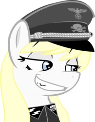  absurd_res alpha_channel aryanne_(character) blonde_hair blue_eyes clothing earth_pony equid equine eyelashes fan_character female feral hair hasbro hat headgear headwear hi_res horse mammal my_little_pony nazi pepe pony reiduran schutzstaffel smile smug solo teeth third-party_edit uniform vector 