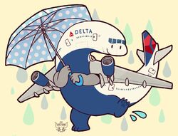  2017 3_toes aircraft airplane ambiguous_gender better_version_at_source delta_airlines dire_aircraft dire_machine dire_vehicle english_text feet hi_res holding_object holding_umbrella igriega jet living_aircraft living_machine living_vehicle looking_at_viewer machine not_furry on_one_leg raining signature simple_background smile soles solo splash standing text toes umbrella vehicle yellow_background 