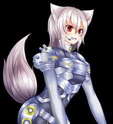  animal_ears armor banned_artist black_background blush breasts inubashiri_momiji oerba_yun_fang oohirakeisuke open_mouth red_eyes short_hair silver_hair simple_background solo tail touhou wolf_ears wolf_tail 