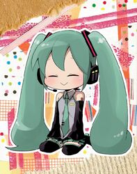  :&gt; animated animated aqua_eyes aqua_hair bad_id chonnbo detached_sleeves female hatsune_miku headphones headset long_hair necktie seiza sitting skirt smile solo thighhighs twintails very_long_hair vocaloid 