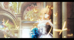  blonde_hair butterfly dress elbow_gloves fate/stay_night flowers magicians saber wedding_attire 