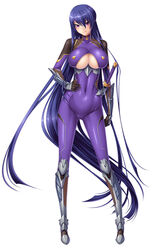  &gt;:) akiyama_rinko aoi_nagisa_(artist) aoi_nagisa_(metalder) armor black_lilith blue_hair bodysuit breasts cleavage cleavage_cutout covered_navel female female fishnets game_cg hand_on_hip japanese_armor kote large_breasts long_hair ninja purple_eyes sheath sheathed simple_background skindentation smile solo standing sword taimanin_(series) taimanin_yukikaze taimanin_yukikaze_2 underboob very_long_hair wallpaper weapon white_background 