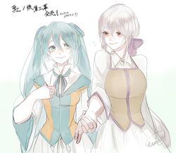  2girls aqua_eyes aqua_hair artist_name blush bow clarith commentary_request dress evillious_nendaiki grey_eyes hair_ribbon hairbow hand_on_own_chest happy hatsune_miku highres holding_hands long_hair long_sleeves looking_at_another looking_to_the_side michaela_(evillious_nendaiki) mizutame_tori multiple_girls neck_ribbon nervous_smile ponytail ribbon shiro_no_musume_(vocaloid) signature size_difference smile sweatdrop twintails very_long_hair vocaloid white_hair yowane_haku yuri 