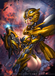  arm_cannon armor ass ass_cutout blue_eyes breasts bumblebee_(transformers) cleavage_cutout clothing_cutout commentary cowboy_shot english_commentary explosion female genderswap_(mtf) highres humanization large_breasts lens_flare neoartcore photoshop_(medium) rule_63 scratches smoke solo sparks transformers transformers:_age_of_extinction transformers_(live_action) watermark weapon web_address 