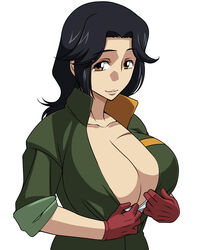  black_hair bra breasts brown_eyes center_opening cleavage collarbone commentary_request female gloves highres huge_breasts jumpsuit long_hair majestic_prince migakeba_hikaru red_gloves saionji_reika_(majestic_prince) simple_background sleeves_rolled_up solo underwear white_background 