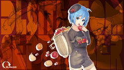  apple autumn blue_eyes blue_hair dlsite.com elle_sweet food fruit original paseri short_hair shorts zoom_layer 