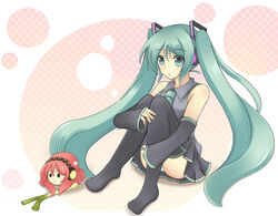  aqua_eyes aqua_hair bad_id bad_pixiv_id detached_sleeves female hatsune_miku hugging_own_legs kus long_hair megurine_luka necktie panties pantyshot red_hair sitting skirt spring_onion striped_clothes striped_panties takoluka thighhighs twintails underwear very_long_hair vocaloid 