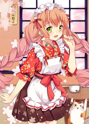  :3 apron braid brown_hair brown_skirt commentary_request feline female floral_print green_eyes highres indoors japanese_clothes kimono long_hair looking_at_viewer maid maid_apron maid_headdress miniskirt original photoshop_(medium) pleated_skirt puffy_short_sleeves puffy_sleeves red_kimono short_kimono short_sleeves skirt solo table twin_braids wa_maid zonana 