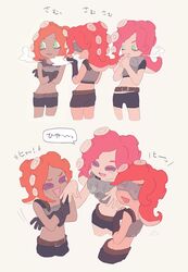  3girls armor bad_id bad_twitter_id belt black_gloves blush breastplate closed_eyes dark-skinned_female dark_skin fingerless_gloves gloves goggles goggles_around_neck green_eyes grey_background katou_(osoraku) laughing midriff multiple_girls octoling octoling_player_character orange_hair red_hair short_hair simple_background splatoon_(series) splatoon_1 takozonesu tentacle_hair translation_request uniform 