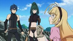  1boy 2girls akari_acura animated animated anime_screenshot blonde_hair blue_hair eating frederika_(hitsugi_no_chaika) green_hair hitsugi_no_chaika long_hair lowres multiple_girls shell thighhighs tooru_acura 