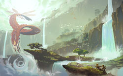  1boy chinese_commentary cliff cloud commentary_request day female flying giant_insect glasses helmet holding_hands made_in_abyss monster outdoors photoshop_(medium) regu_(made_in_abyss) riko_(made_in_abyss) scenery tienao water waterfall wings 