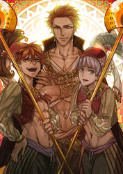  3boys arabian_clothes axe battle_axe blue_eyes brown_hair commentary_request darkwinslow earrings free! grey_hair jewelry midriff mikoshiba_momotarou mikoshiba_seijuurou multiple_boys navel_piercing necklace nitori_aiichirou photoshop_(medium) piercing weapon yellow_eyes 