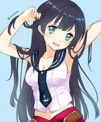  :d agano_(kancolle) armpits artist_name bad_id bad_pixiv_id black_hair blue_background blue_eyes breasts cleavage collarbone female head_tilt kantai_collection long_hair looking_at_viewer medium_breasts midriff navel nerunnn open_mouth sailor_collar shirt simple_background sleeveless sleeveless_shirt smile solo twitter_username uniform very_long_hair 