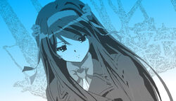  bob_(bobnakaoda) commentary_request dutch_angle female hair_ribbon highres kouyouen_academy_school_uniform long_hair monochrome official_alternate_costume official_alternate_hair_length official_alternate_hairstyle ribbon school_uniform solo suzumiya_haruhi suzumiya_haruhi_no_shoushitsu suzumiya_haruhi_no_yuuutsu very_long_hair winter_uniform 