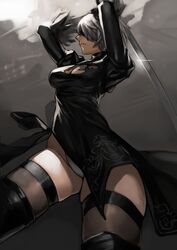  2b_(nier:automata) absurdres bad_id bad_twitter_id black_blindfold black_dress black_gloves black_thighhighs blindfold breasts brown_thighhighs cleavage covered_eyes dress female gloves hairband highres large_breasts leotard leotard_shot mole mole_under_mouth nier:automata nier_(series) short_hair skindentation skirt solo thighhighs thighs white_gloves white_hair white_leotard yomu_(sgt_epper) 