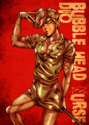  1boy bubble_head_nurse bubble_head_nurse_(cosplay) commentary_request cosplay dio_brando hat jojo_no_kimyou_na_bouken male_focus mask nega_(newo_sssc) nurse_cap photoshop_(medium) scar scar_on_neck silent_hill_(series) solo stardust_crusaders 