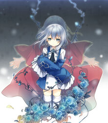  2girls back-to-back bad_id bad_pixiv_id blue_eyes blue_flower blue_hair blue_rose buttons cloak commentary_request dual_persona echo_(pandora_hearts) flower multiple_girls necktie noise_(pandora_hearts) outstretched_arms pandora_hearts rose short_hair sleeves_past_wrists spoilers spread_arms thighhighs yamiko zettai_ryouiki 