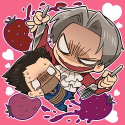  2boys bad_id bad_pixiv_id bound chibi food fork fruit gyakuten_saiban gyoniku21 heart knife male_focus miles_edgeworth multiple_boys naruhodou_ryuuichi open_mouth out_of_character strawberry tears tied_up_(nonsexual) wavy_mouth 