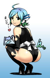  ahoge aqua_hair ass back commentary_request dream_c_club dream_c_club_(series) dream_c_club_zero elbow_gloves female gloves green_eyes leotard looking_back multicolored_hair nonono_(dream_c_club) photoshop_(medium) ribbon robot_ears short_hair smile solo squatting tachibana_roku thighhighs two-tone_hair 