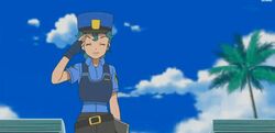  animated blue_hair female gumshoos junsaa_(pokemon) pokemon pokemon_(anime) pokemon_sm pokemon_sm_(anime) police_officer salute 