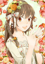  bad_id bad_pixiv_id bracelet braid brown_eyes brown_hair copyright_request dress earrings female flower hair_flower hair_ornament hair_ribbon hairband hands jewelry long_hair nail_art nail_polish open_mouth photoshop_(medium) plumice ribbon solo 