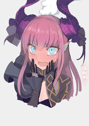  blue_eyes blush commentary_request elizabeth_bathory_(corroded)_(fate) elizabeth_bathory_(fate) elizabeth_bathory_(fate/extra_ccc) fate/extella fate/extra fate_(series) female full-face_blush highres horns long_hair looking_at_viewer official_alternate_costume open_mouth pointy_ears purple_hair solo sweatdrop walzrj 