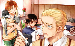  3boys =_= ahoge animal axis_powers_hetalia bad_id bad_pixiv_id black_hair blonde_hair blue_eyes blush brown_eyes brown_hair cup feline flower germany_(hetalia) germany_(nekotalia) glasses hiyo japan_(hetalia) japan_(nekotalia) male_focus marker mug multiple_boys northern_italy_(hetalia) northern_italy_(nekotalia) open_mouth rose russia_(nekotalia) school_uniform smile sweat united_kingdom_(nekotalia) vase vest world_w_academy_school_uniform 