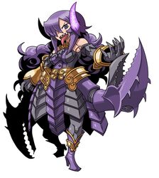  armor armored_dress bare_shoulders boots bracer breasts claws commentary_request demon_girl elbow_gloves faulds female full_body gloves hair_over_one_eye high_heels horns jewelry long_hair matsuda_yuusuke medium_breasts necklace nise_maou_kanizeru purple_eyes purple_hair sharp_teeth shoes solo teeth tongue tongue_out yuusha_to_maou 