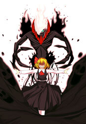  :d ascot blonde_hair crossover darkness darkrai evil_smile female floating_hair glowing glowing_eyes hair_ribbon highres open_mouth outstretched_arms photoshop_(medium) pokemon pokemon_(creature) red_eyes ribbon rouzille rumia shirt short_hair skirt smile smoke spread_arms touhou trait_connection vest whisp white_hair 