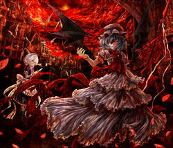  2girls bat_(animal) bat_wings blue_dress blue_hair commentary_request dress flower hat highres izayoi_sakuya kazabana_fuuka knife maid multiple_girls pink_dress red_flower red_rose red_sky remilia_scarlet rose scarlet_devil_mansion sky smile spear_the_gungnir too_many too_many_bats touhou white_hair wings 