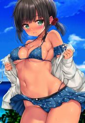  adapted_costume bad_id bad_twitter_id bare_shoulders beach bikini bikini_under_clothes black_hair blue_bikini blue_sky blurry blush breasts cloud collarbone commentary_request covered_nipples cowboy_shot cropped day dress female fubuki_(kancolle) green_eyes hair_ornament hair_scrunchie halterneck highleg jacket kantai_collection long_sleeves looking_at_viewer medium_breasts navel nijimoto_hirok ocean off_shoulder open_clothes open_jacket outdoors parted_lips polka_dot polka_dot_bikini polka_dot_scrunchie scrunchie short_ponytail skindentation skirt sky solo standing stomach string_bikini sweat sweatdrop swimsuit tan underboob water white_jacket 