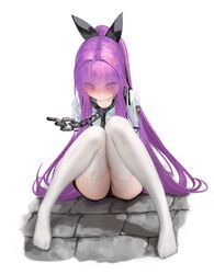  absurdres azur_lane black_shorts blush bound bound_arms chains collar commentary_request egk513 eyes_visible_through_hair female hair_ribbon high-waist_shorts highres long_hair looking_at_viewer official_alternate_costume on_floor ponytail purple_hair restrained ribbon shirt short_shorts shorts simple_background sitting solo suspender_shorts suspenders tashkent_(azur_lane) tashkent_(the_bound_cruiser)_(azur_lane) thighhighs torn_clothes torn_thighhighs white_background white_shirt white_thighhighs 