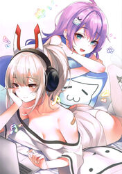  2girls absurdres aqua_eyes ass ayanami_(azur_lane) ayanami_(niconico)_(azur_lane) azur_lane bandaid bare_shoulders bed_sheet blush breasts brown_eyes cleavage closed_mouth collarbone computer hair_ornament hand_on_own_cheek hand_on_own_face headphones highres javelin_(azur_lane) long_hair lying mirei multiple_girls musical_note notebook official_alternate_costume on_stomach open_mouth panties photoshop_(medium) pillow platinum_blonde_hair purple_hair scan scan_artifacts shirt short_sleeves simple_background sleeveless smile t-shirt thighhighs underwear white_thighhighs 