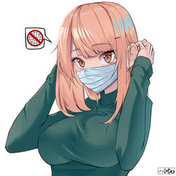  adjusting_hair bad_id bad_twitter_id breasts brown_eyes coronavirus coronavirus_pandemic eimi_(harris_hero) female green_sweater hair_ornament hairclip harris_hero highres inactive_account large_breasts mask medium_hair mouth_mask no_symbol orange_hair original signature simple_background solo speech_bubble surgical_mask sweater virus white_background 