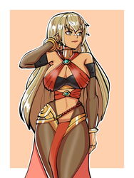  aqua_gemstone bare_shoulders blonde_hair bracelet breasts bridal_gauntlets brown_pantyhose cleavage closed_mouth collar cosplay dark-skinned_female dark_skin dorothea_arnault dorothea_arnault_(cosplay) dorothea_arnault_(plegian) dorothea_arnault_(plegian)_(cosplay) earrings female fire_emblem fire_emblem:_the_binding_blade fire_emblem:_three_houses fire_emblem_heroes hair_between_eyes highres igrene_(fire_emblem) jewelry large_breasts legs_together lips loincloth long_hair metal_collar mnejing30 mole mole_under_eye navel outline pantyhose red_lips ring solo standing very_long_hair white_outline yellow_eyes 