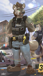  anthro bulletproof_vest car clothing cougar crime_scene disney dodge_charger duo electroshock_weapon felid feline hi_res hinget holstered_pistol hyena law_enforcement lou_waraabe_(grizzlygus) male mammal motor_vehicle police police_car police_officer police_uniform police_vehicle spotted_hyena tactical tactical_gear taser uniform vehicle weapon zootopia zpd 