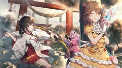  girl_cafe_gun_(game) gun iritoa japanese_clothes kikuri_yuki miko nora_moon stairs su_xiaozhen torii waifu2x weapon 