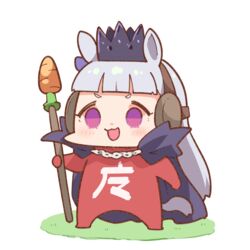  :3 :d animal_ears blunt_bangs blush bodysuit cape carrot_on_stick chibi crown female gold_ship_(legend_of_king_uma_-_the_strongest_in_question)_(umamusume) gold_ship_(umamusume) grey_hair holding horse_ears horse_girl long_hair official_alternate_costume open_mouth purple_cape purple_eyes red_bodysuit simple_background smile solo standing takato_kurosuke translated umamusume very_long_hair white_background 