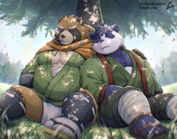  2022 anthro asian_clothing bear brown_body canid canine closed_eyes clothing detailed_background duo east_asian_clothing footwear fundoshi giant_panda gyobu_(tas) hi_res japanese_clothing kemono lifewonders male mammal mav_(deadly_kiten) outside overweight overweight_male ponzu_tas raccoon_dog sandals scar sitting tanuki tokyo_afterschool_summoners underwear white_body white_clothing white_fundoshi white_underwear 