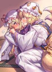  ... 2girls absurdres animal_ears animal_hat blonde_hair blush bow breasts collar dress elbow_gloves fox_ears fox_tail frilled_collar frilled_dress frilled_hat frills gloves hands_on_another&#039;s_knees hands_on_own_knees hat hat_ribbon highres hug hug_from_behind indoors knees_up large_breasts long_hair long_sleeves looking_at_another looking_back masanaga_(tsukasa) mob_cap multiple_girls multiple_tails on_floor open_mouth parted_lips profile purple_dress purple_eyes red_ribbon ribbon short_hair sidelocks sitting sweatdrop tabard tail tassel tatami touhou white_dress white_gloves wide_sleeves yakumo_ran yakumo_yukari yellow_bow yellow_eyes yuri 