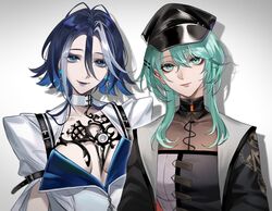  2girls absurdres adela_(path_to_nowhere) arm_belt belt black_belt blue_eyes blue_hair blue_lips breasts center_opening cleavage closed_mouth dress earrings eyeshadow green_eyes green_hair grey_background grey_hair hair_between_eyes hair_ornament hairclip hat highres jewelry large_breasts long_hair looking_at_viewer makeup medium_breasts medium_hair multicolored_hair multiple_belts multiple_girls nightingale_(path_to_nowhere) path_to_nowhere shadow sidelocks simple_background smile streaked_hair toho10min two-tone_hair upper_body white_dress 