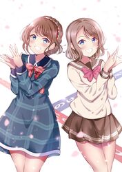  2girls blue_dress blue_eyes brown_hair commentary_request dress ginmugi_(airmisuzu0920) grey_hair hairband light_brown_hair long_sleeves looking_at_viewer love_live! love_live!_sunshine!! miniskirt multiple_girls ore_wo_suki_nano_wa_omae_dake_ka_yo saitou_shuka school_uniform short_hair sidelocks skirt smile uranohoshi_school_uniform voice_actor voice_actor_connection watanabe_you 