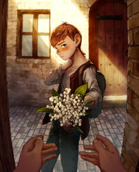  1boy baby&#039;s-breath backpack bag blush bouquet brick_road brick_wall brown_eyes brown_hair brown_jacket chilchuck_tims dungeon_meshi female female_pov halfling highres jacket looking_at_viewer male_focus out_of_frame pov pov_hands shako_(shaco_flat) shirt solo_focus sweatdrop white_shirt 