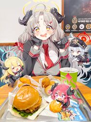  +_+ 4girls absurdres ahoge akari_(blue_archive) black_gloves black_headwear black_necktie blonde_hair blue_archive blush braid breasts burger cleavage closed_eyes cup demon_horns disposable_cup drinking_straw drooling food fork gloves grey_hair hair_between_eyes halo haruna_(blue_archive) hat highres holding holding_fork horns izumi_(blue_archive) jacket junko_(blue_archive) kunikune large_breasts long_hair long_sleeves looking_at_viewer mouth_drool multiple_girls necktie open_mouth orange_eyes photo_background pointy_ears red_hair red_necktie side_braid single_wing sweat twintails wings 