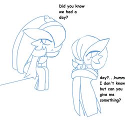  1:1 2023 3_fingers :&lt; blue_and_white chibi clothing comic_sans crossed_arms date_celebration dialogue dual_persona duo english_text female fingers gardevoir gardevoir_day generation_3_pokemon hair hair_over_eye headgear headwear hi_res humanoid line_art monochrome nintendo one_eye_obstructed pokemon pokemon-specific_day pokemon_(species) renv saeko_(renv) split_personality text 