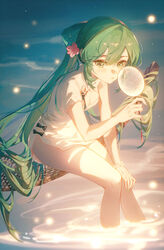  absurdres breasts china_dress chinese_clothes chinese_commentary cleavage cleavage_cutout closed_mouth clothing_cutout commentary dress female flower glowing green_eyes green_hair green_nails hair_between_eyes hand_fan hatsune_miku highres holding holding_fan leaning_forward long_hair looking_at_viewer mid-autumn_festival nail_polish official_alternate_costume official_alternate_hairstyle pink_flower shaohua_hatsune_miku short_sleeves sitting small_breasts soaking_feet solo transparent transparent_fan tuanshan tuzhate very_long_hair vocaloid water white_dress 