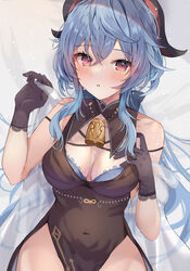  absurdres alternate_costume bell black_dress black_gloves blue_bra blue_hair bra breasts breasts_apart cleavage covered_navel cowbell crossed_bangs detached_collar dress female ganyu_(genshin_impact) genshin_impact gloves goat_horns hair_between_eyes hand_on_own_chest hand_up highres holding_shawl horns lace-trimmed_gloves lace_trim large_breasts light_blush long_hair looking_at_viewer maruro md5_mismatch open_mouth pelvic_curtain purple_eyes see-through see-through_shawl shawl sleeveless sleeveless_dress solo underwear 